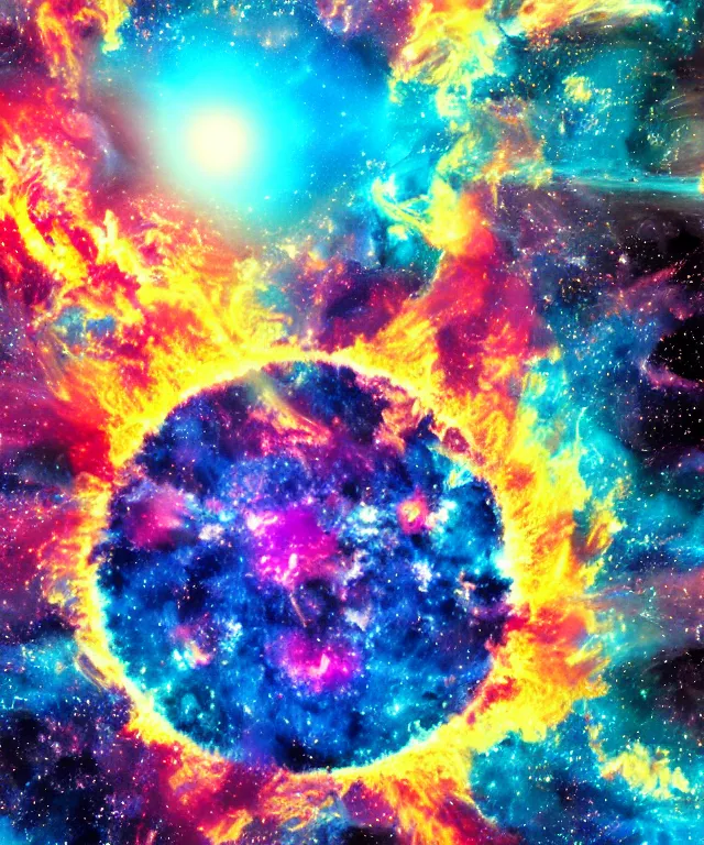 Image similar to black hole, sun, space, bright colors, phoenix flames, nebula clouds, soft tones