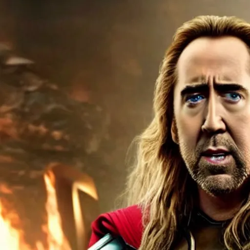 Prompt: film still of Nic Cage as Thor in Avengers Endgame