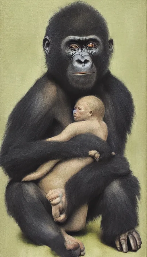 Prompt: still-life painting of a man and his baby gorilla, by Helene Schjerfbeck, by Helene Schjerfbeck, volumetric lighting, intricately detailed, canvas print