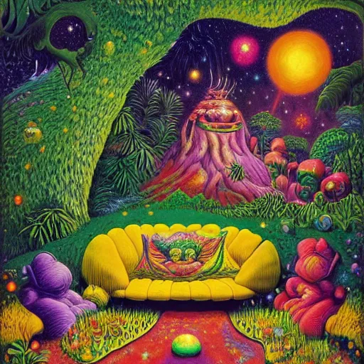 Image similar to psychedelic couch sofa in the lush forest, milky way, designed by moebius, rob gonsalves, gustav dore, giuseppe arcimboldo and carl barks, louis wain, trending on artstation, mediterranean, star, sharp focus, colorful refracted sparkles and lines, soft light, 8 k 4 k