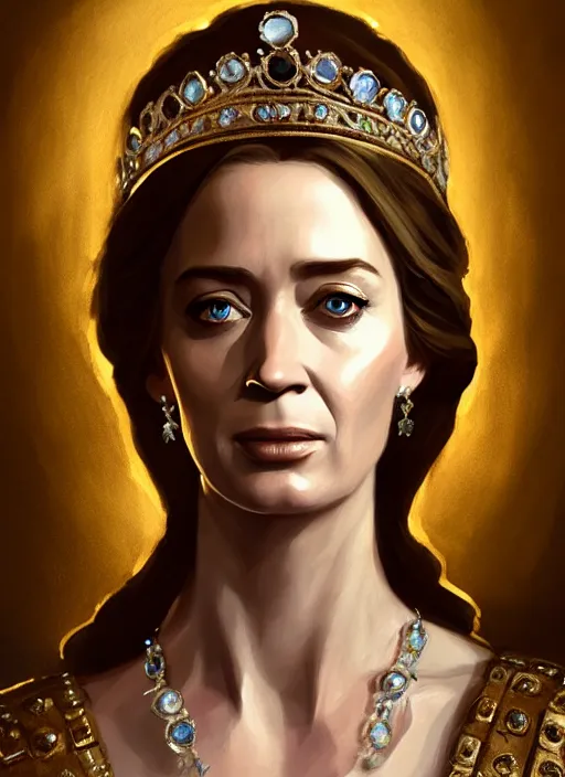 Image similar to portrait of emily blunt as queen, jewelry, greek, sapphire, victorian age, 1 8 9 0, intricate, headshot, key visual, conceptart, ambient lighting, highly detailed, digital painting, artstation, concept art, sharp focus, by makoto shinkai and akihiko yoshida and greg manchess