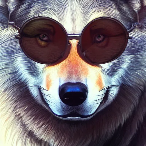Prompt: Portrait of a wolf wearing sunglasses, photorealistic, highly detailed, digital painting, artstation, concept art, smooth, sharp focus, illustration, art by artgerm and greg rutkowski and alphonse mucha