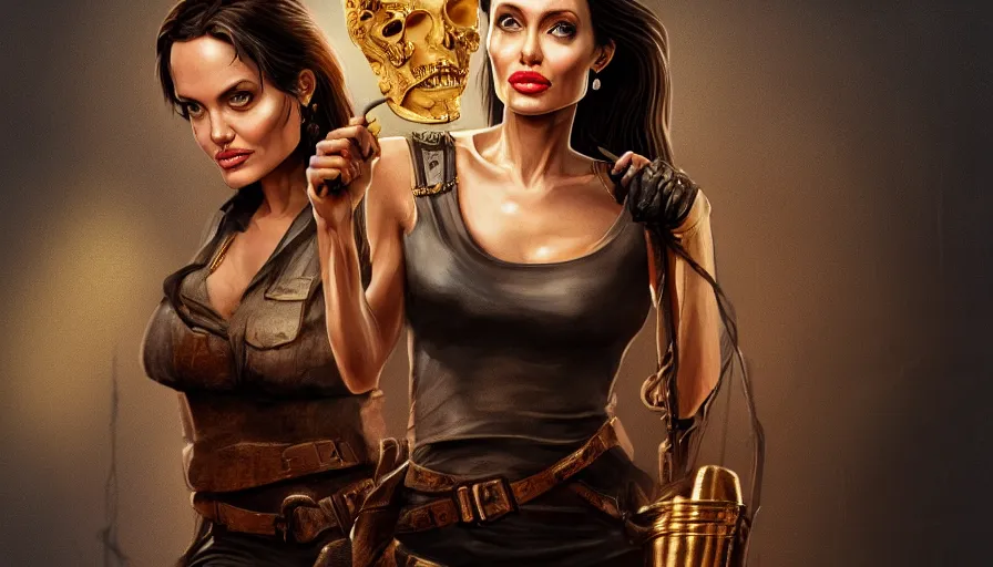 Image similar to angelina jolie as indiana jones holding a whip in left hand and holding a golden mayan skull in the right hand, grey background, hyperdetailed, artstation, cgsociety, 8 k