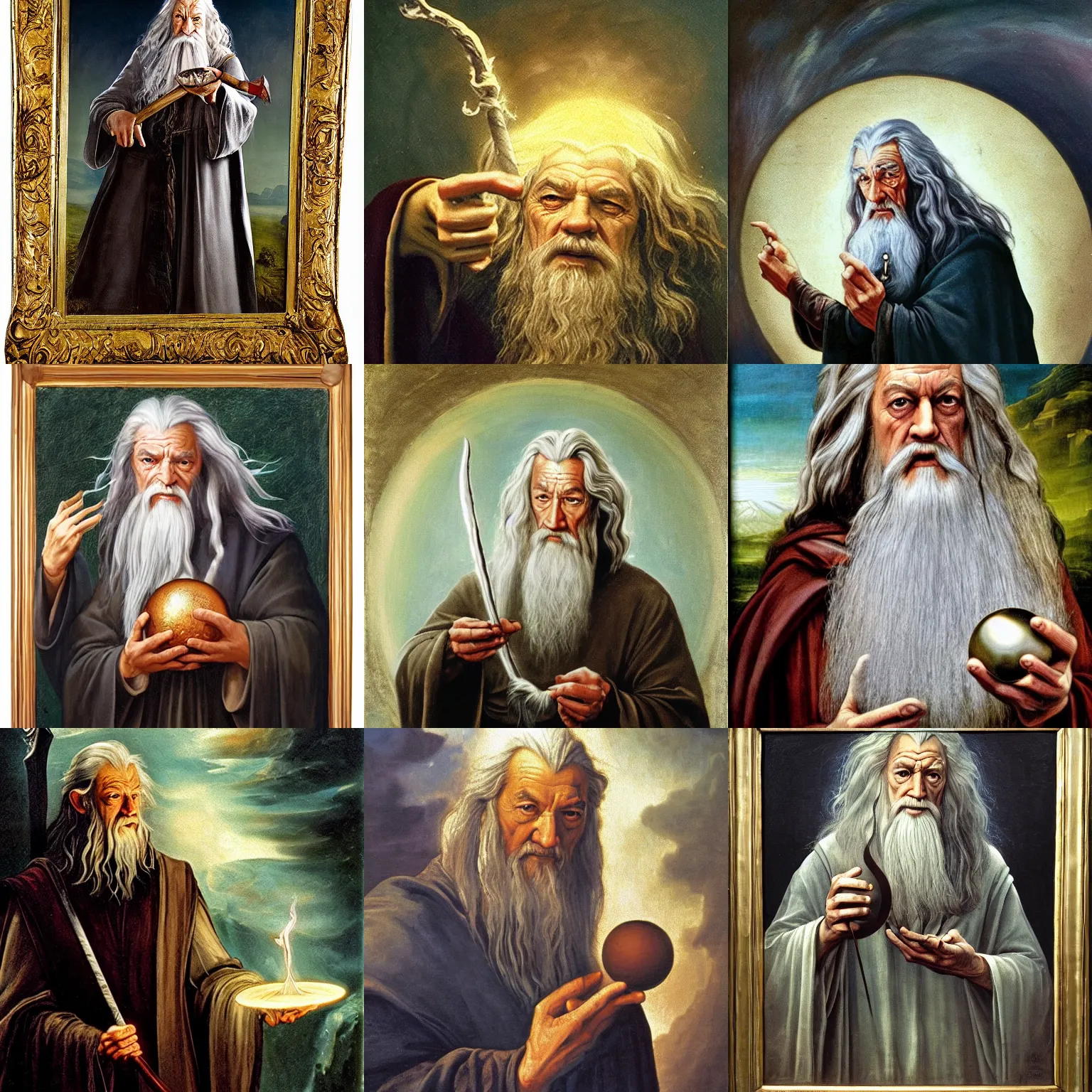 Prompt: gandalf holding the palantir, renaissance oil painting