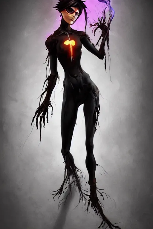 Image similar to dark full body painting of tracer from overwatch, in style of zdzisław beksinski, scary, horror, 4 k, feminine facial features, overwatch tracer character, horror, body horror, disturbing, detailed face, dressed in dark garment, black tendrils, tall, long legs,