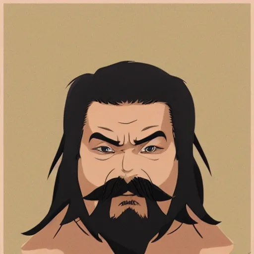 Prompt: a middle - aged man with bulk muscles and black hair consists of an unruly, mostly swept - back mane and waist - length fu manchu mustache and spiked goatee, path traced, highly detailed, high quality, digital painting, by studio ghibli and alphonse mucha, leesha hannigan, hidari, disney