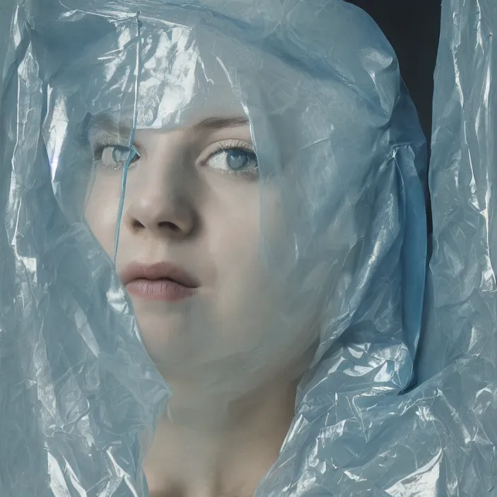 Image similar to closeup portrait of a woman wrapped in blue cellophane, standing in an abandoned cotton mill, color photograph, by vincent desiderio, canon eos c 3 0 0, ƒ 1. 8, 3 5 mm, 8 k, medium - format print