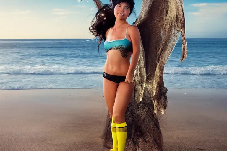 Image similar to athletic girl in a lacy pikachu costume, sweat, oiled up glossy skin, athletic abs, stockings, angelic light, burlesque lying on the beach, photo by Annie Liebovitz