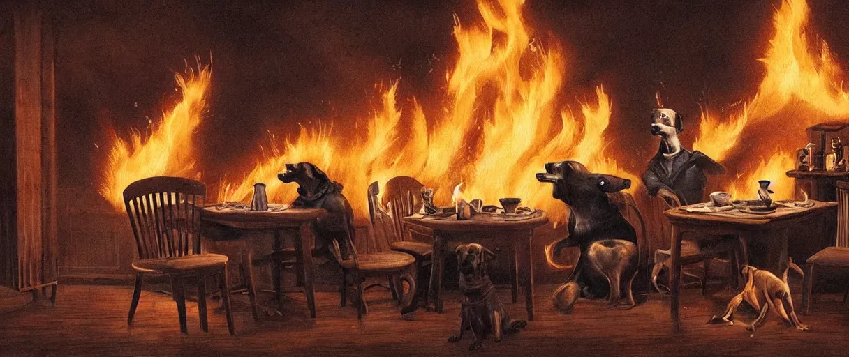 Image similar to an award-winning photograph (flash on) of a huge fire on a dining room in the background, in the foreground sits one relaxed anthropomorphic dog on a wooden chair at a table (no fire at all there), they are surrounded by flames, there is a full cup of coffee on the table, a lot of flames behind the dog, black smoke instead of the ceiling, no watermark