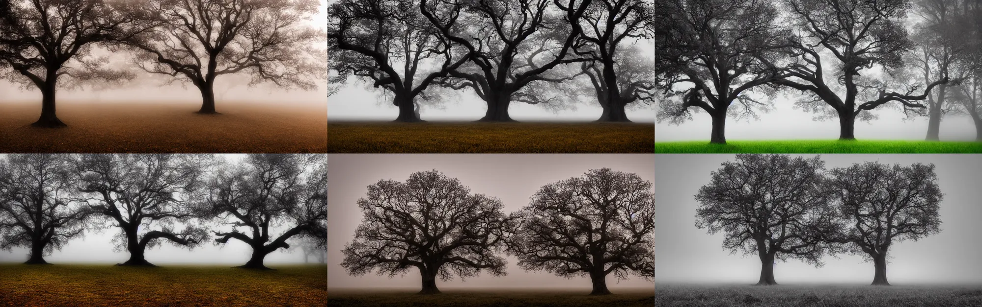 Prompt: dramatic landscape photograph, single oak tree, morning fog,