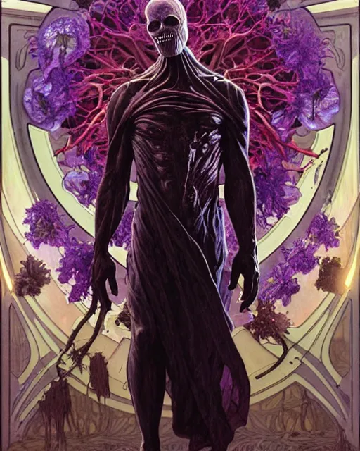 Image similar to the platonic ideal of flowers of cletus kasady ultimate carnage thanos dementor doctor manhattan chtulu nazgul, detailed, intricate, hyperrealism, intense, scary, decay, dmt, art by brock hofer and artgerm and greg rutkowski and alphonse mucha