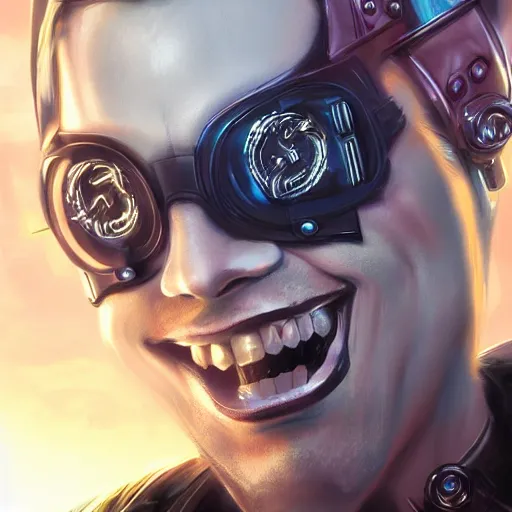 Image similar to cyberpunk, closeup portrait of a cyberpunk entertainer, blond hair, grey eyes, sadistic smile, delicate jaw, hologram, dramatic light, city background, sunset, dystopian setting, high contrast, sharp, neuromancer, peter riviera, painted by stanley lau, painted by greg rutkowski, painted by stanley artgerm, digital art, trending on artstation