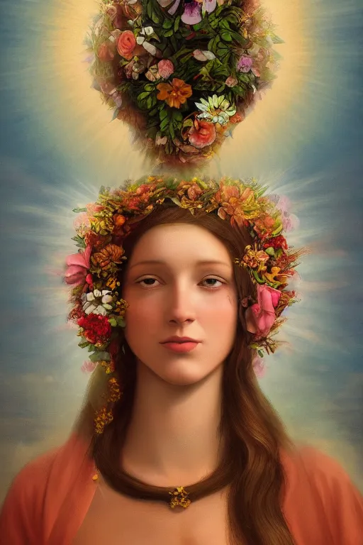 Image similar to the Divine Feminine, Beautiful, Flower Crown of the Gods, Woman, All Races, All Cultures, Female, Birth of creation, Mother Earth, Divinity, Hope, Ethereal, Renaissance Painting, Atmospheric Lighting, artstation trending