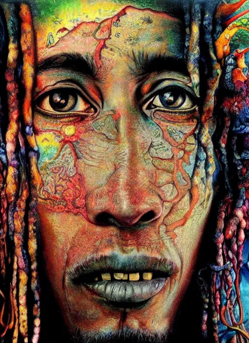 Image similar to colour masterpiece surreal closeup portrait photography of bob marley by miho hirano and annie leibovitz and michael cheval, weird surreal epic psychedelic complex biomorphic 3 d fractal landscape in background by kilian eng and roger dean and salvador dali and beksinski, 8 k