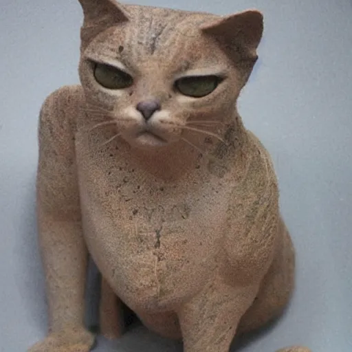 Image similar to medium - shot realistic clay cat, full body, walking, rough, handmade, fingerprints on clay, masterpiece, artistic, museum, highly detailed, hq, by adam beane, by carl brenders