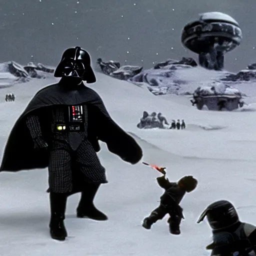 Image similar to darth Vader as a small child attacking the rebel base on Hoth