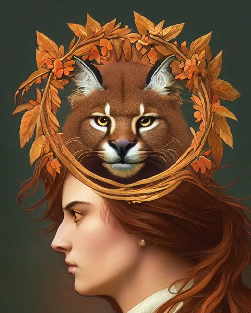 Image similar to a laurel wreath on a head of fluffy caracal, photography of kurzgesagt, deep focus, d & d, intricate, elegant, highly detailed, digital painting, artstation, concept art, matte, sharp focus, illustration, hearthstone, art by artgerm and greg rutkowski and alphonse mucha