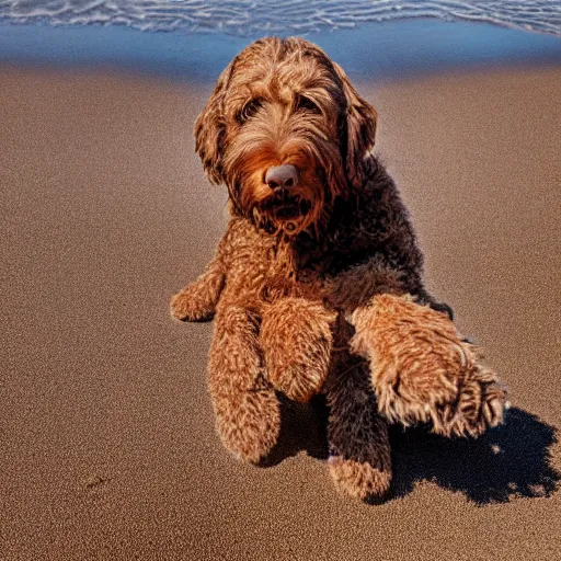 Prompt: a realistic photograph of a brown labradoodle upside down with one paw on the ground, on a sunny beach, beautiful detailed photography