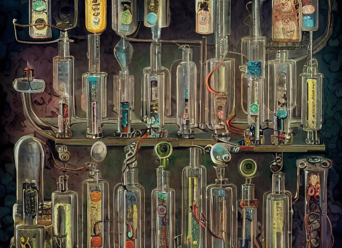 Prompt: a portrait of an inventor, test tubes, strange machines, electronics, lowbrow in the style of mark ryden and daniel merriam,