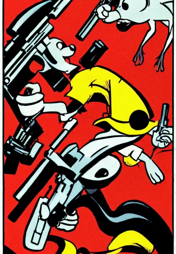 Image similar to an anthropomorphic mouse holding two guns, art by frank miller