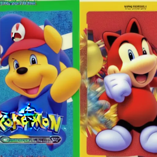 Image similar to photograph of winnie the pooh and super mario and sonic the hedgehog anime style, on pokemon card packs at target