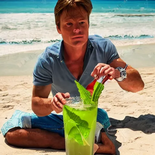 Prompt: marty mcfly drinking a mojito on the beach