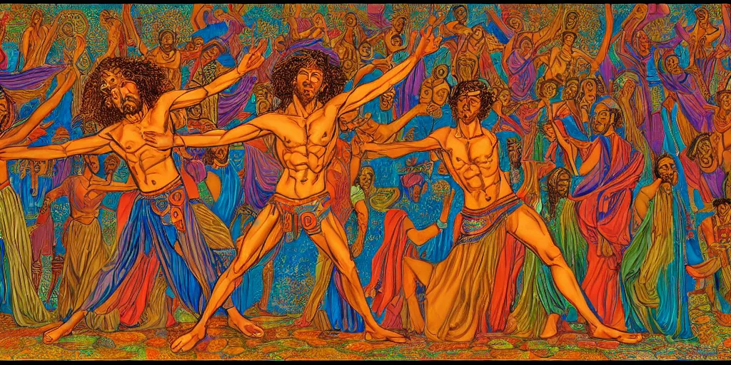 Prompt: an abstract spiritual background, a gay greek god dancing, clear eyes. 2 4 mm, photorealistic, muted color scheme, directed by mati klarwein