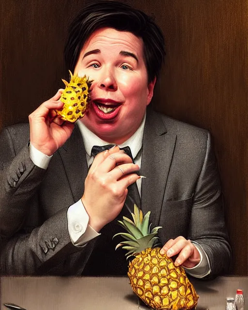 Image similar to Portrait of a drunk Michael Mcintyre eating a pineapple in a nightclub in Porto,real life skin, intricate, elegant, highly detailed, artstation, concept art, smooth, sharp focus, art by artgerm and greg rutkowski and alphonse mucha