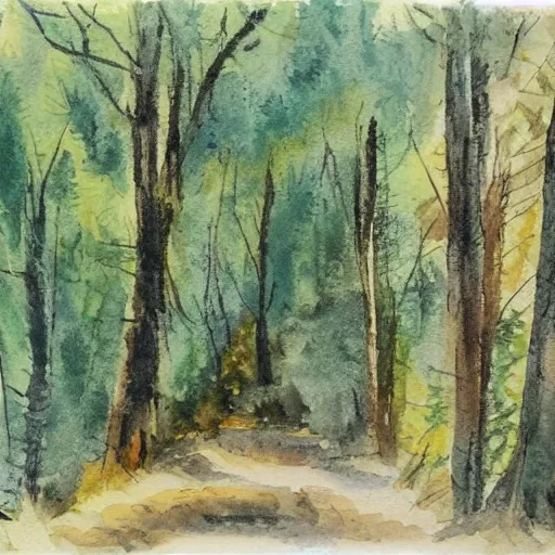 Prompt: sketch, landscape road in the forest to the village, watercolor