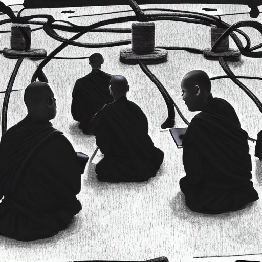 Image similar to 5 monks kneeling in a circle with wires coming out of the back of their heads connecting them to a computer in the center, dark shadowy surroundings, dystopian scifi, horror