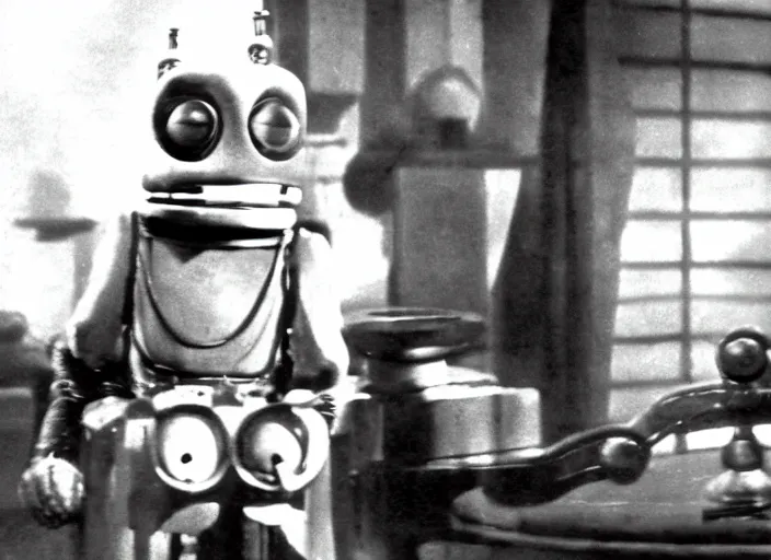 Prompt: A movie still of a 1920s silent film featuring Bender from Futurama