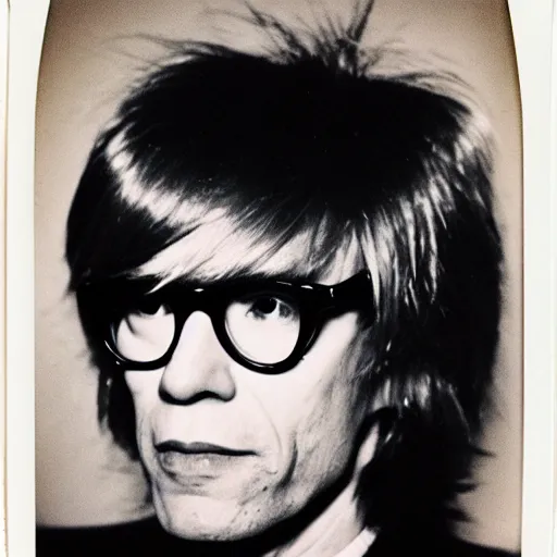 Prompt: Polaroid Portrait of Andy Warhol wearing a Mick Jagger wig and circular framed glasses, taken in the 1970s, photo taken on a 1970s polaroid camera, grainy, real life, hyperrealistic, ultra realistic, realistic, highly detailed, epic, HD quality, 8k resolution, body and headshot, film still, front facing, front view, headshot and bodyshot, detailed face, very detailed face