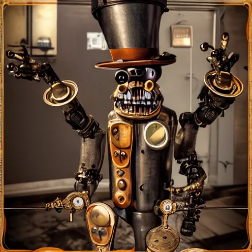 Prompt: steampunk animatronic, five nights at freddys, detailed, scary