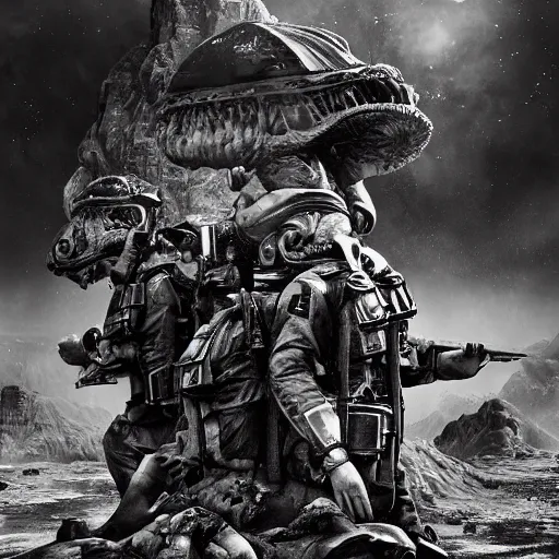 Image similar to soldiers exploring an alien world, 1 9 2 0's sci - fi, black and white, 8 k, highly ornate intricate details, extreme detail,