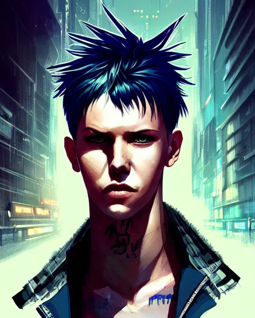 Image similar to portrait of a male punk, bladerunner, street ragged clothes, cyberpunk, face like ester exposito, blonde shinkai makoto studio ghibli studio key hideaki anno sakimichan stanley artgerm lau rossdraws james jean marc simonetti elegant highly detailed digital painting artstation pixiv