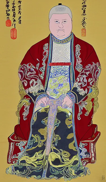 Image similar to Bobby Hill sits on his throne as emperor of Hill Dynasty China, ink and color on silk, imperial portrait