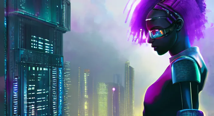 Prompt: portrait of beautiful cyberpunk brazilian black woman, rio de janeiro on the background, soft purple lighting, concept art, digital art trending on artstation concept art