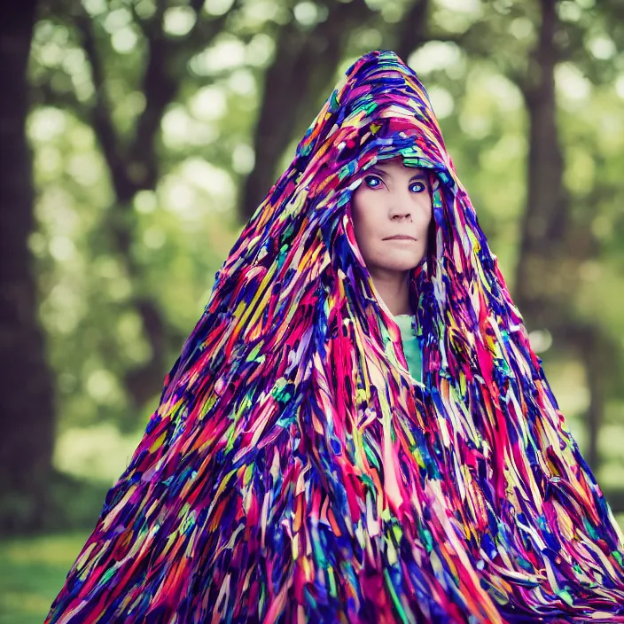 Prompt: a closeup portrait of a woman wearing a cloak made of ribbons, staring at an empty swing playground, claymation, 8 k, medium - format print