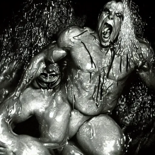 Image similar to 1 9 9 0's wwe publicity photo, a giant muscular man covered in wet reflective slime crawling halfway out of a giant slimy wet cocoon, screaming in agony, inside a secret occult dark evil lab, candles and pentagrams, ultra - detailed, photorealistic