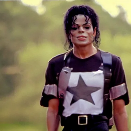 Image similar to A film still of Michael Jackson wearing a shirt with a star symbol on it realistic,detailed