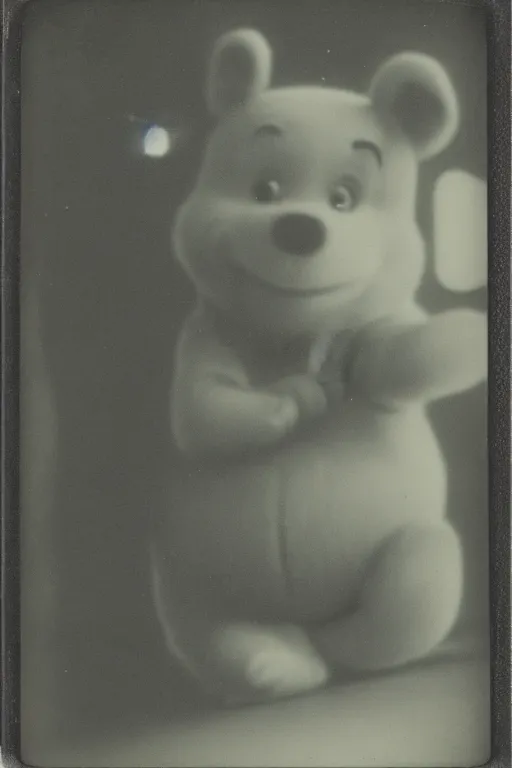 Prompt: old found creepy polaroid photo of winnie the pooh in a [ dark room ] with [ glowing eyes ] looking at the camera