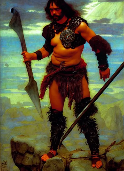 Image similar to barbarian, full body, dnd character art portrait, dramatic lighting, vivid colors by edgar maxence and caravaggio and michael whelan.