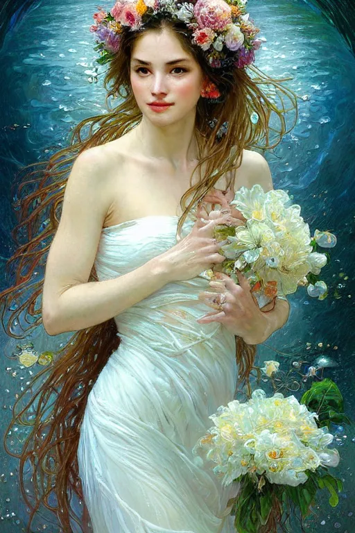 Prompt: portrait of a beautiful woman wearing a white dress, holding a bouquet of flowing flowers, drenched body, wet dripping hair, emerging from the water, fantasy, regal, fractal crystal, fractal gems, by stanley artgerm lau, thomas kindkade, alphonse mucha, loish, norman rockwell