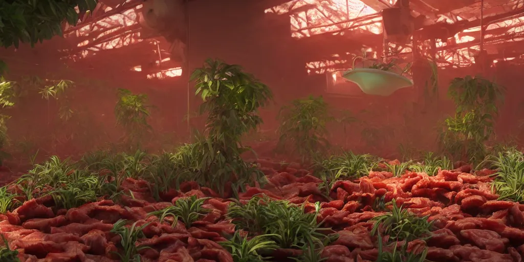 Image similar to plants like meat are irrigated by pipes flowing with milky liquid, central composition, fluid, ultra clear material, volumetric light, lightrays, cinematic, atmospheric, 3 d concept art, octane render, beautiful, cinematic lighting, intricate details.