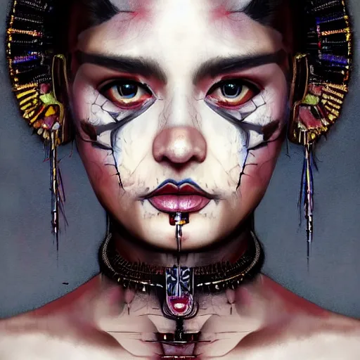 Prompt: A masterpiece portrait of a Incredibly beautiful half slightly damaged crying black swan makeup girl . tribal fashion. 2077 fashion. Cyberpunk farmer. American Gothic. Fire sparkles. Vogue. trending on artstation, digital art, by Stanley Artgerm Lau, WLOP, Rossdraws, James Jean, Andrei Riabovitchev, Marc Simonetti, Yoshitaka Amano