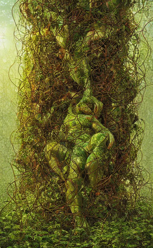 Prompt: a person trapped in extremely thick vines intertwined, central composition, high saturation, epic lighting, in the style of Peter gric and Hannah yata 8k