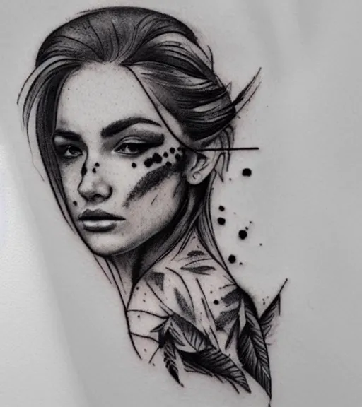 Image similar to tattoo design sketch of a beautiful woman face with an amazing mountain scenery on her side, hyper - realistic, double exposure, in the style of matteo pasqualin, amazing detail, black and white, faded