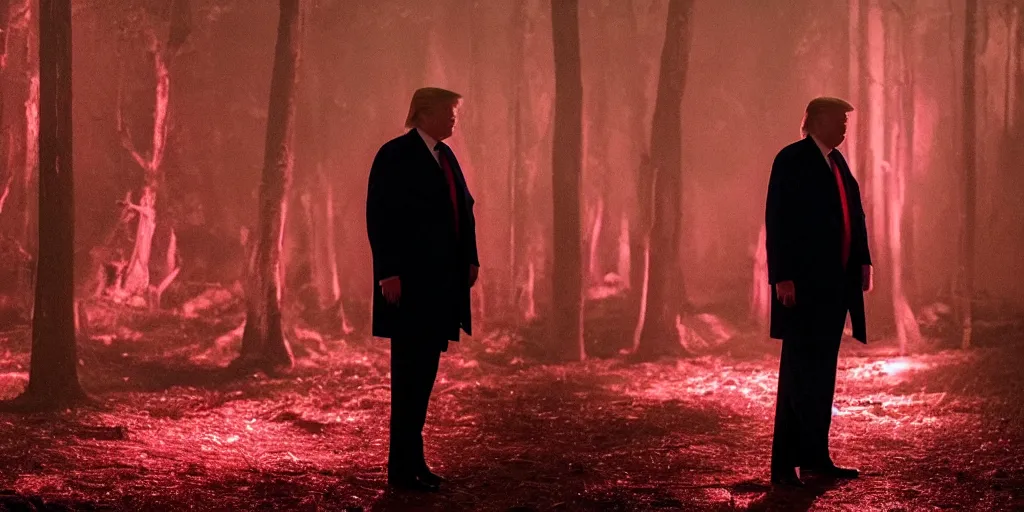 Prompt: movie still of donald trump in mandy ( 2 0 1 8 ) directed by panos cosmatos, film grain, night time, red glow