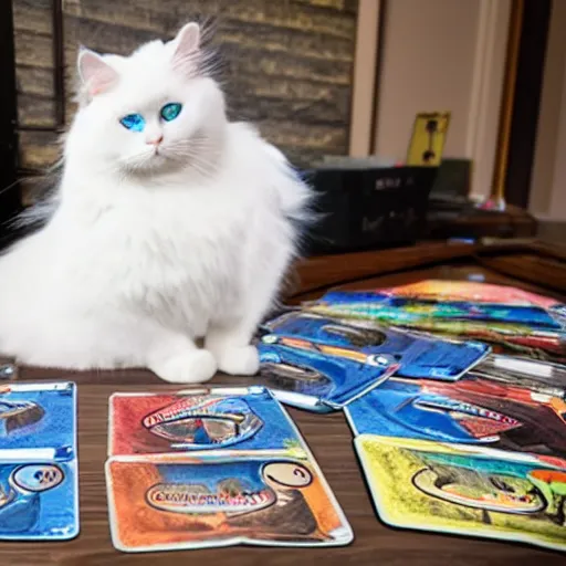 Prompt: a photo of a ragdoll cat playing trading card game