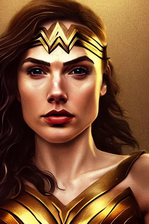 Prompt: Portrait of a beautiful pale skin Nordic female gal gadot as a wonder woman, elegant, photorealistic, highly detailed, artstation, smooth, sharp focus, gold ornaments, neon lighting, sci-fi, art by Klimt